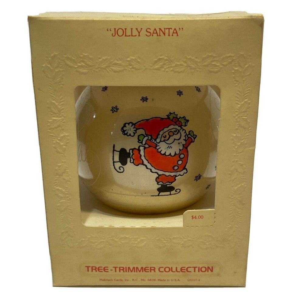 VTG JOLLY SANTA Vintage Hallmark Glass Ornament 1980 Ice Skating Santa Reindeer